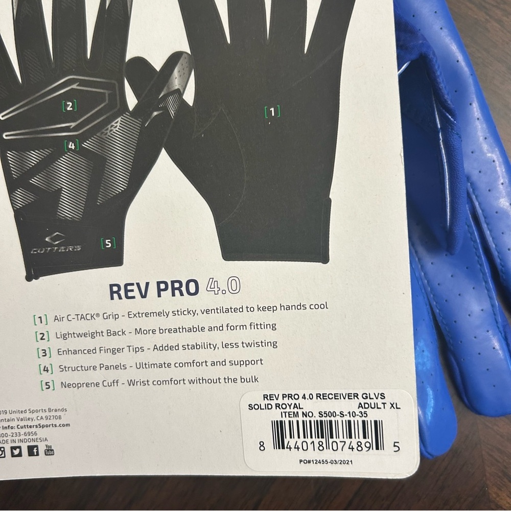 Cutters Rev Pro 4.0 Receiver Glvs Solid Royal A/XL, Royal Blue (S500-S-10-35) - Picture 4 of 4